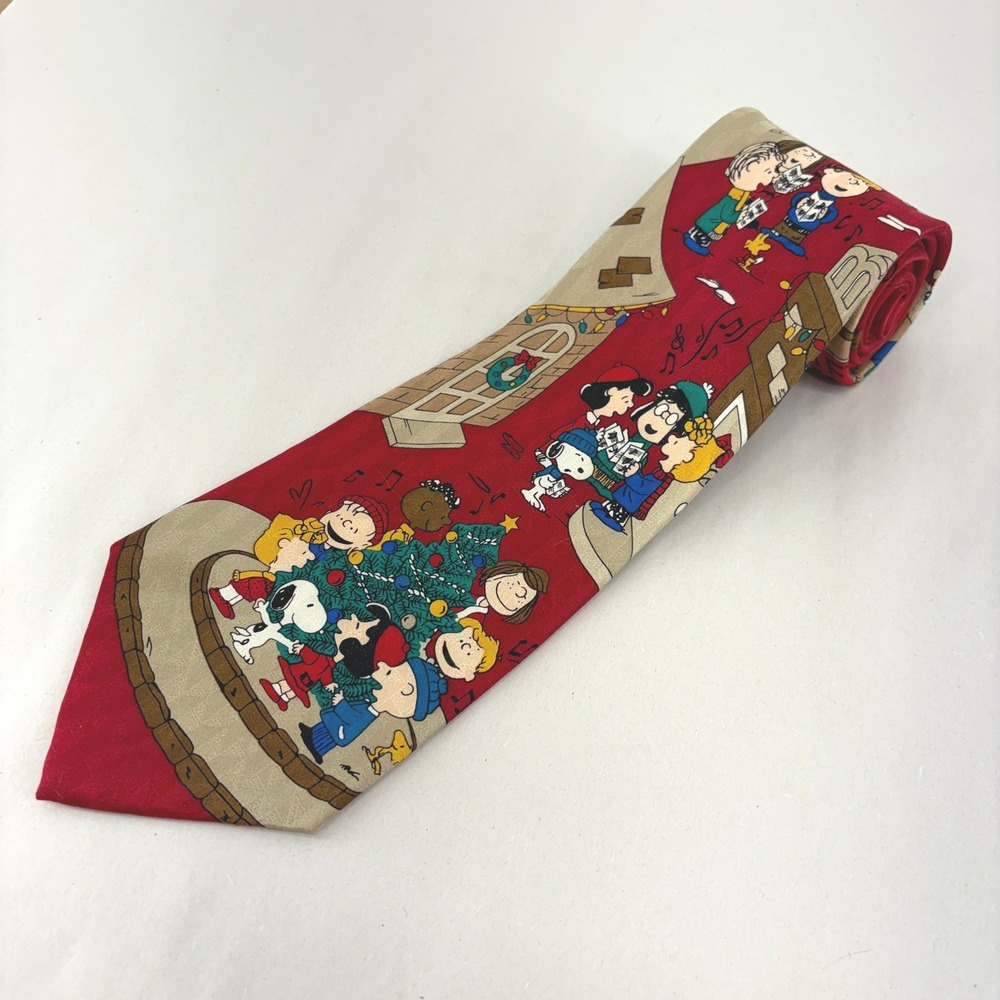 Peanuts Snoopy Charlie Brown Christmas Caroling Silk Tie Red Holiday Novelty VTG